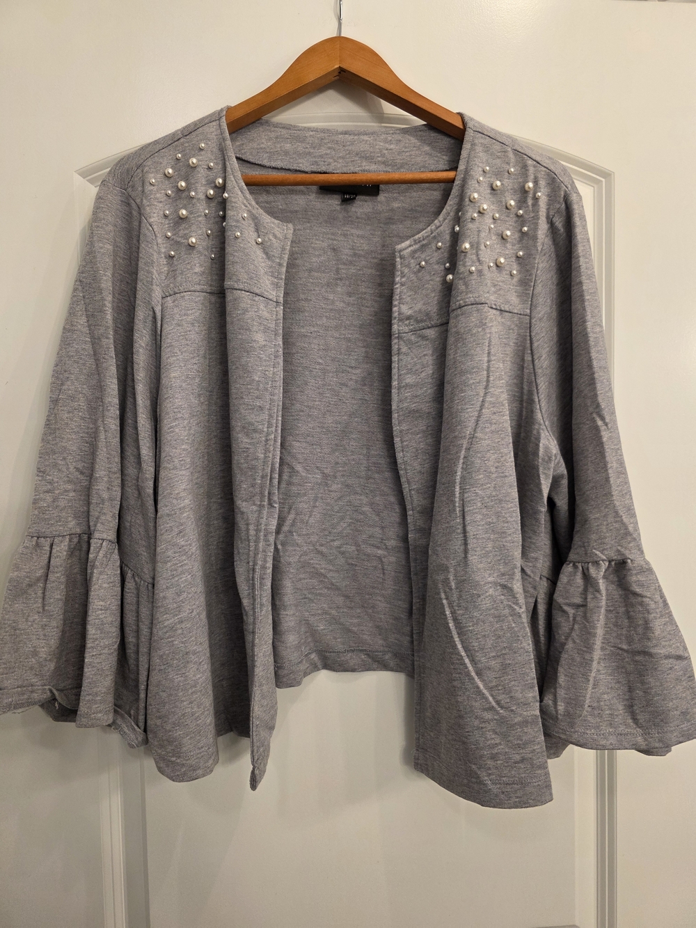 Lane Bryant Gray Open-Front Cardigan with Pearl Shoulder Embellishments